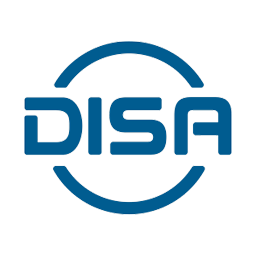 A blue logo for disa on a white background
