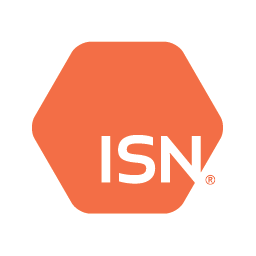 An orange hexagon with the word isn on it, which is a logo