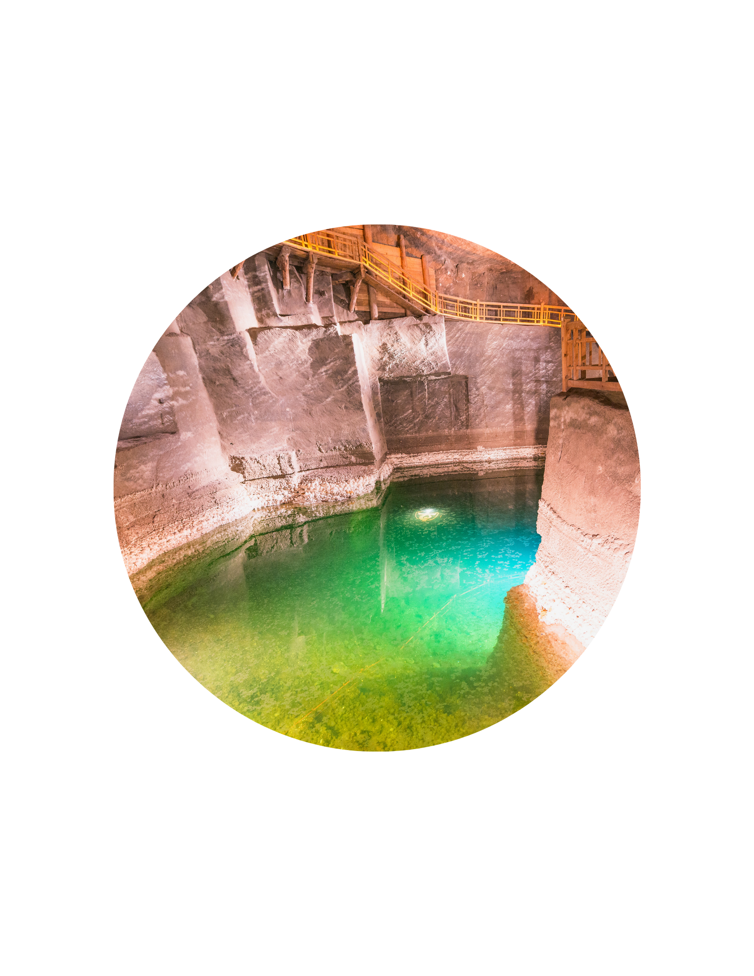 salt mine with blue-green water