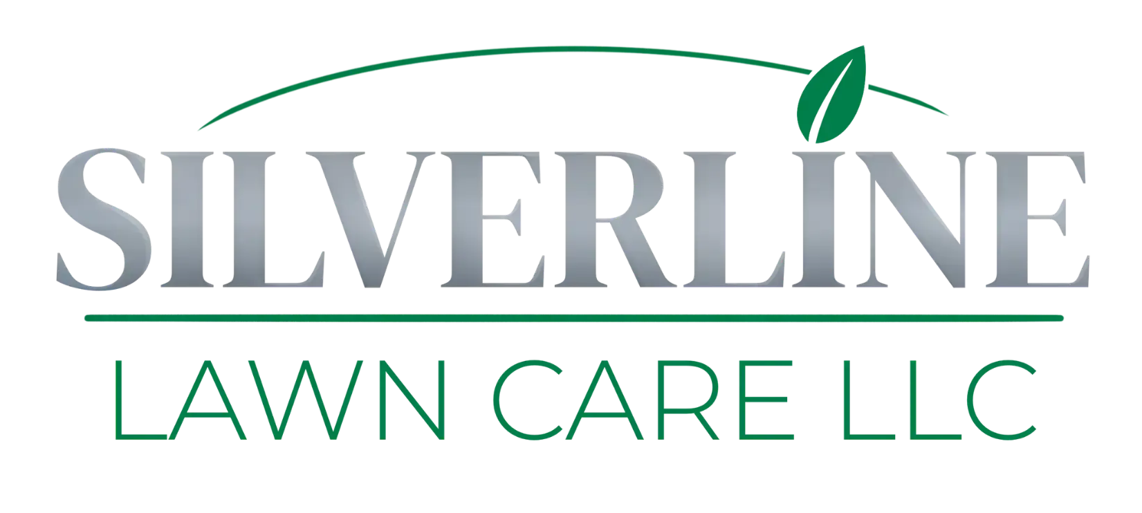 Silverline Lawncare logo with silver text and a green leaf.