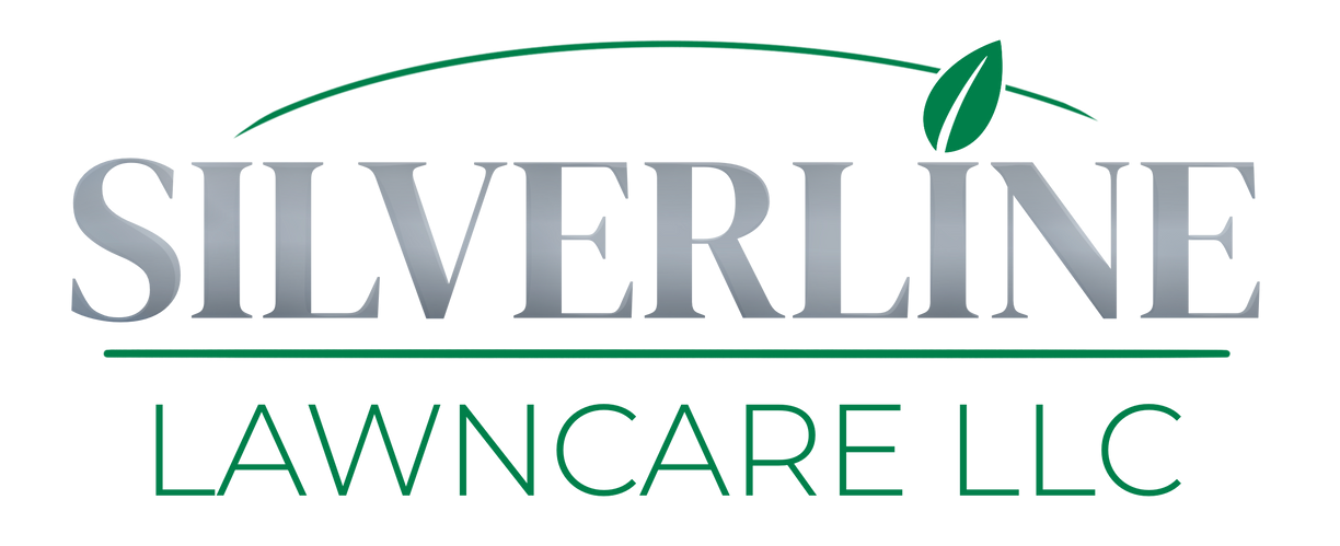 Silverline Lawncare logo with silver text and a green leaf.