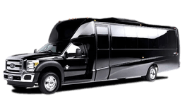 A large black bus is parked on a white background.