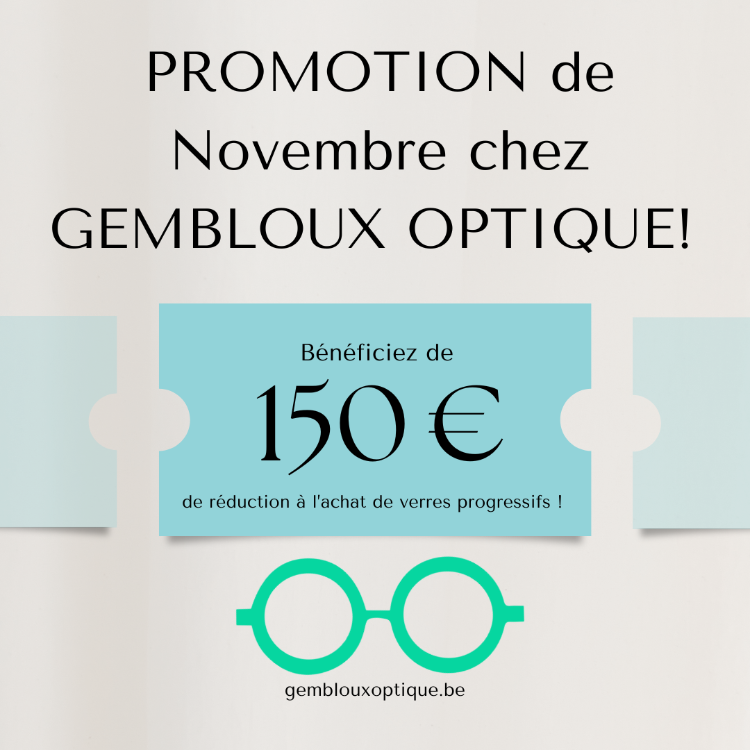 Vignette qui montre la promotion que Gembloux Optique propose sur lunettes à verres progressifs