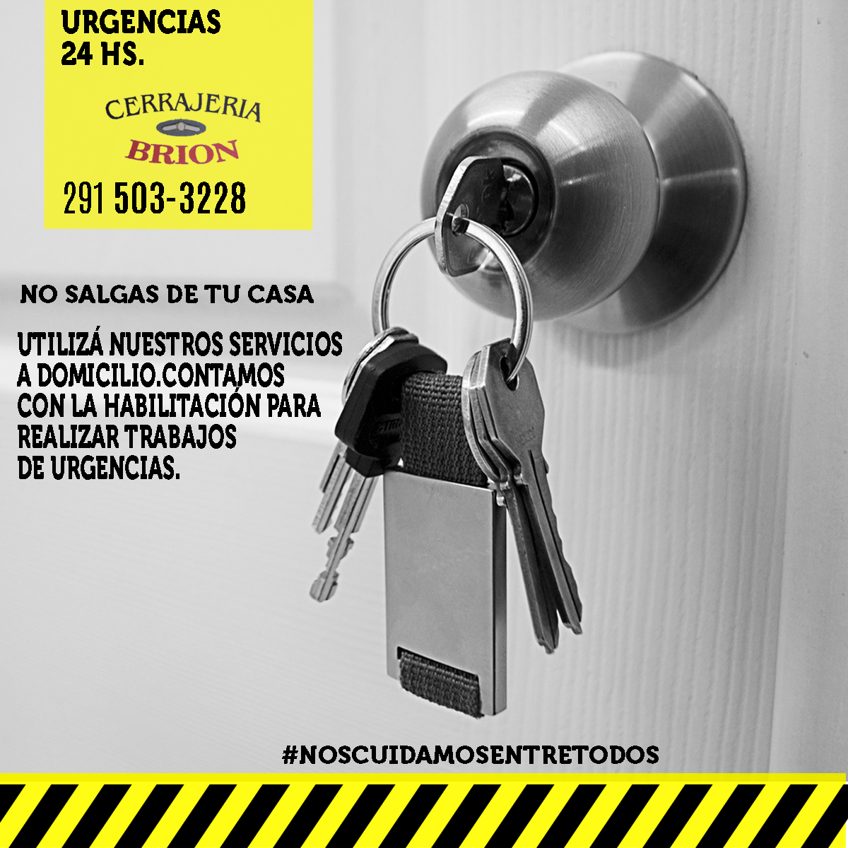 Manija de puerta con llaves; servicios de cerrajería de emergencia anunciados con información de contacto, servicio a domicilio y mensaje de seguridad.