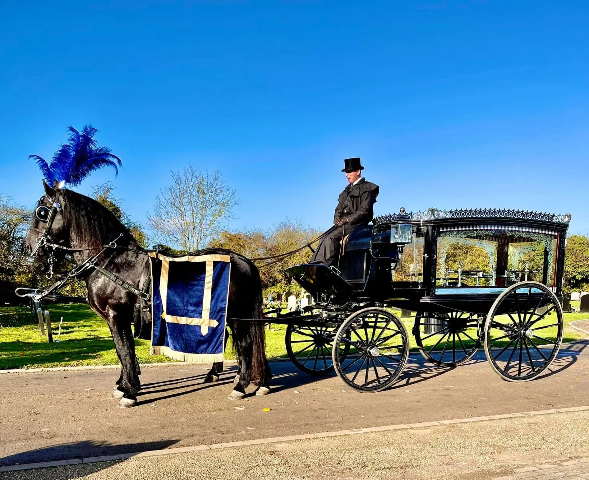 A man in a top hat is riding a horse drawn carriage