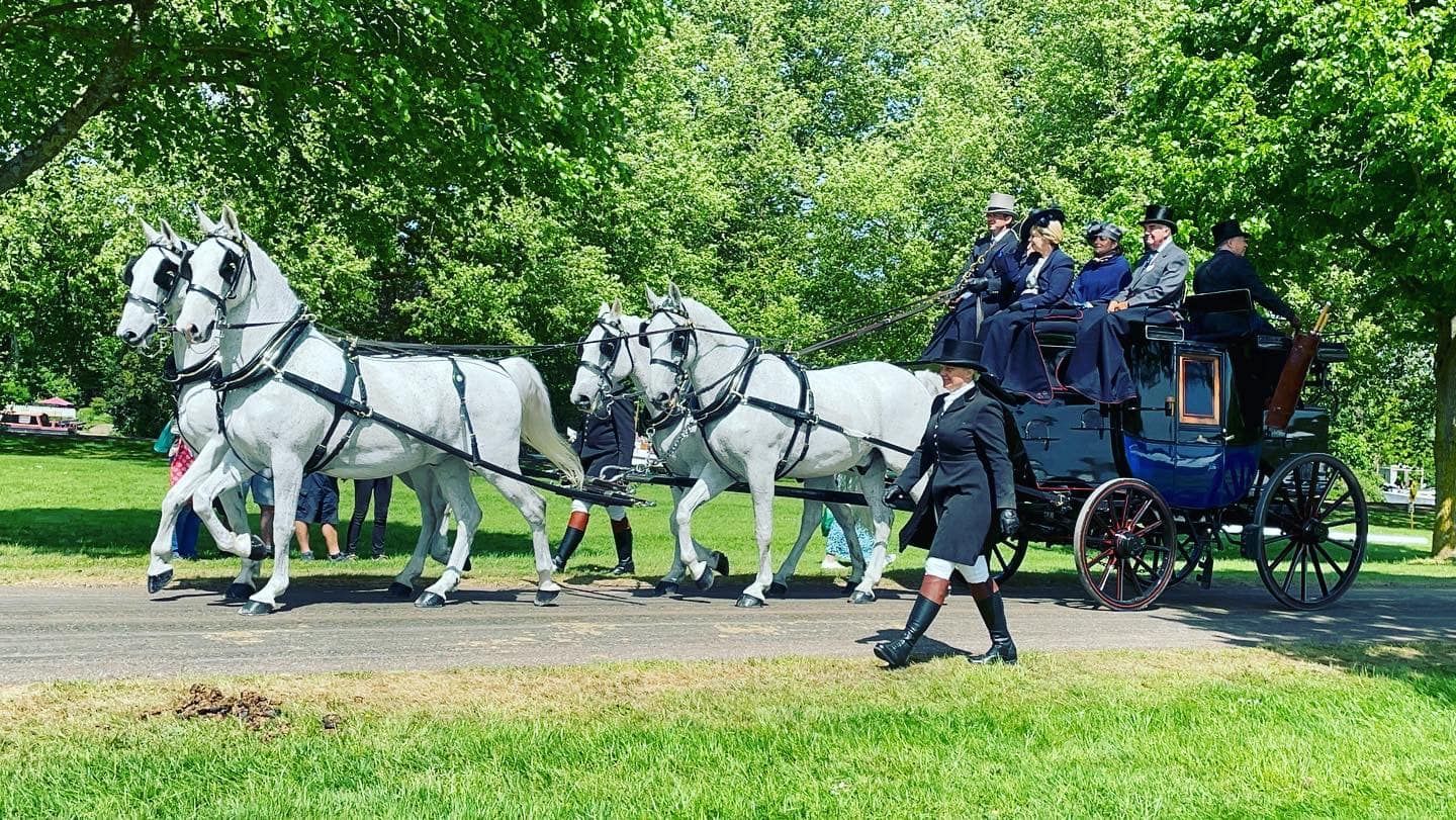 A group of horses are pulling a carriage down a road.