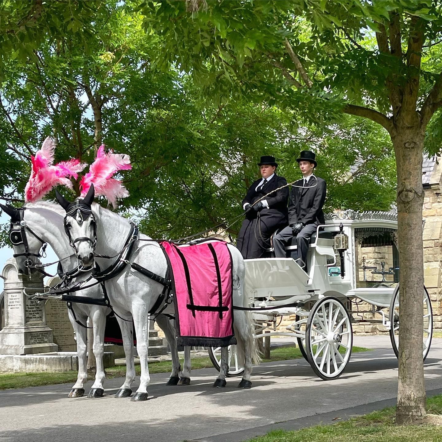 Two men are riding in a horse drawn carriage