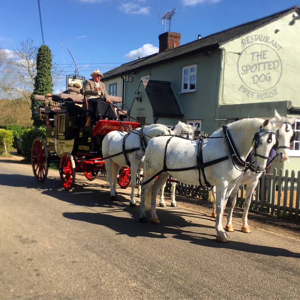 A horse drawn carriage is parked in front of a restaurant called the spotted dog