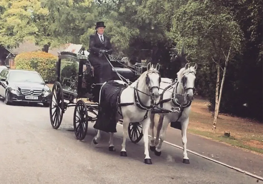 A man in a top hat is driving a horse drawn carriage down a street.
