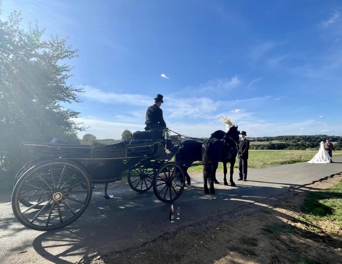A bride and groom are standing next to a horse drawn carriage.