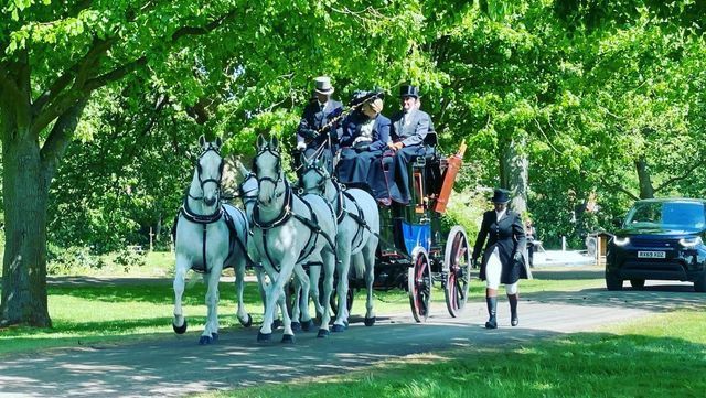 A group of people are riding in a horse drawn carriage.