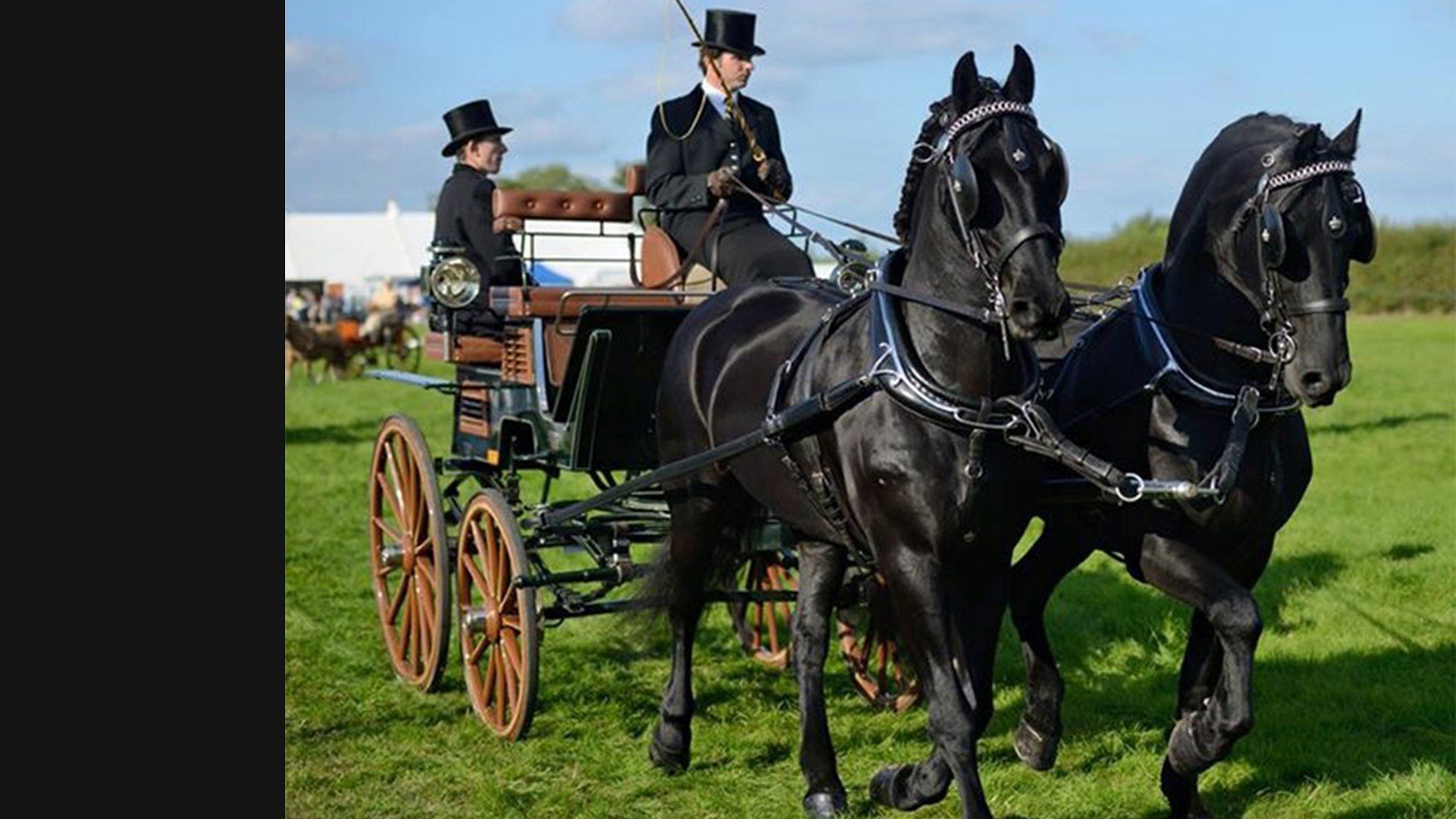 A man in a top hat is driving a horse drawn carriage