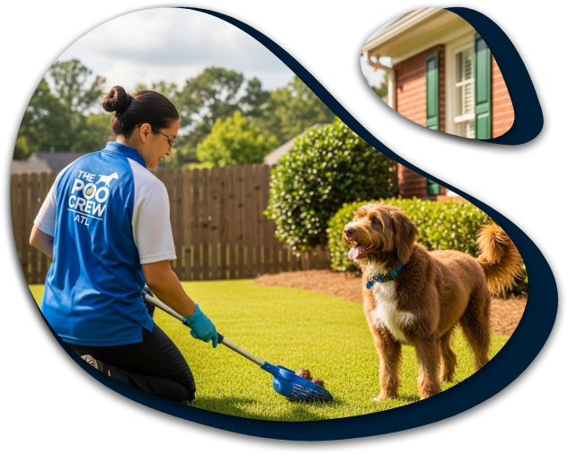 Woman in blue shirt scoops dog waste on lawn; dog watches.