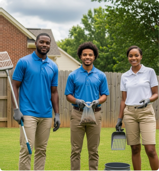 Three people in matching work uniforms in a yard. Two men and a woman, smiling, holding tools and a waste bag.