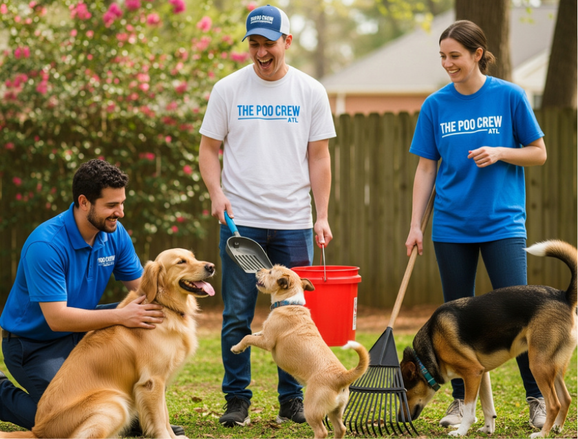 Three people in blue shirts with a company logo cleaning up dog waste with dogs in a yard.