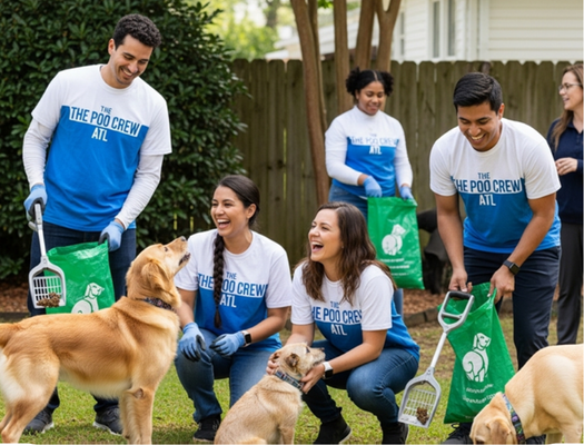 People in matching shirts picking up dog waste in a yard. Golden retrievers are present.