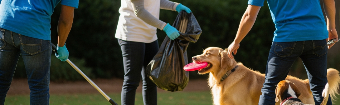 People picking up trash in a park with dogs; one dog has a frisbee in its mouth.