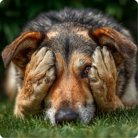 Dog with brown and gray fur covers eyes with paws, lying in grass.