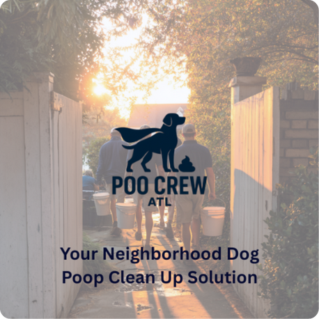 Logo with silhouette of dog superhero over three men carrying buckets; 