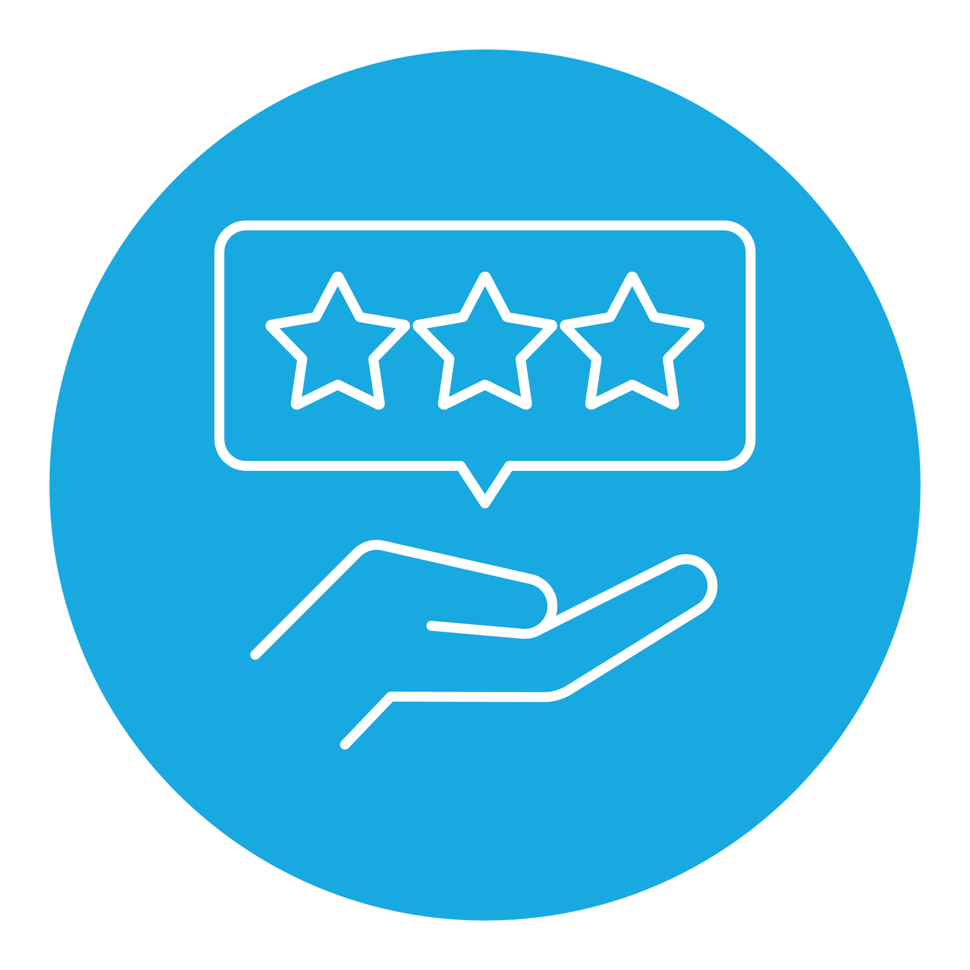 A hand is holding a speech bubble with three stars in it.