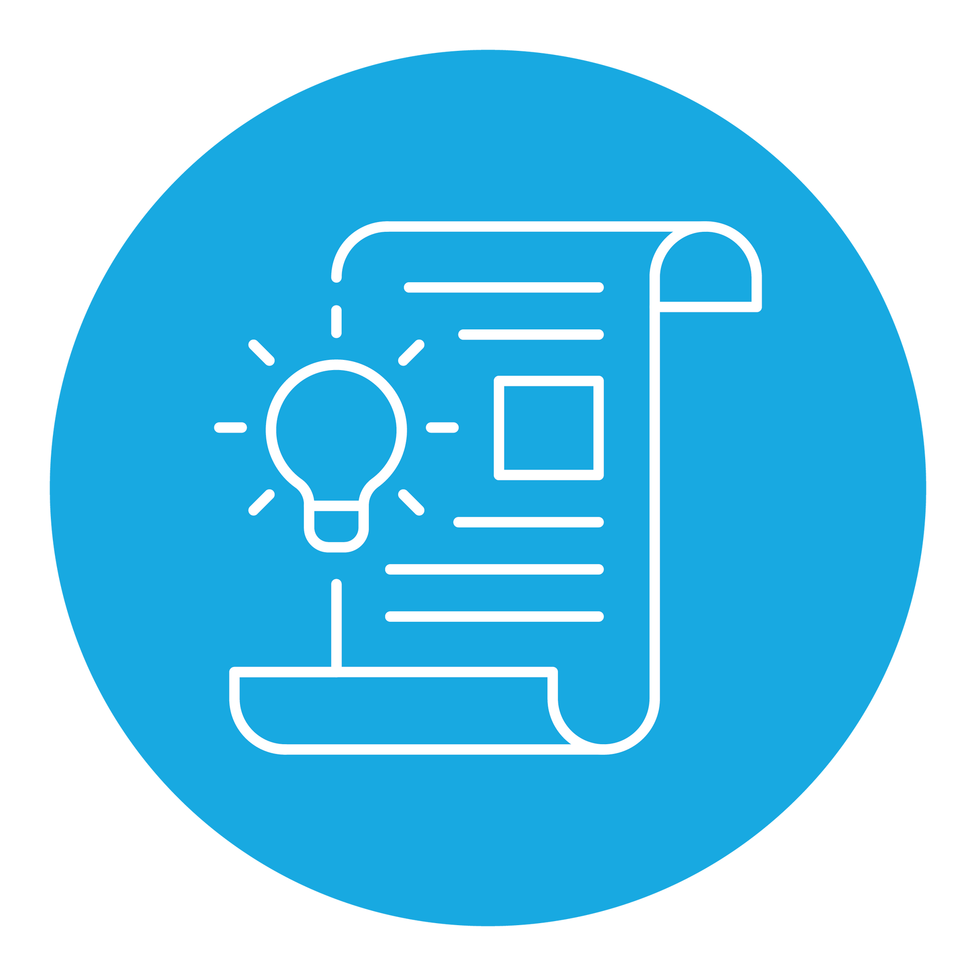 An icon of a paper with a light bulb on it in a blue circle.