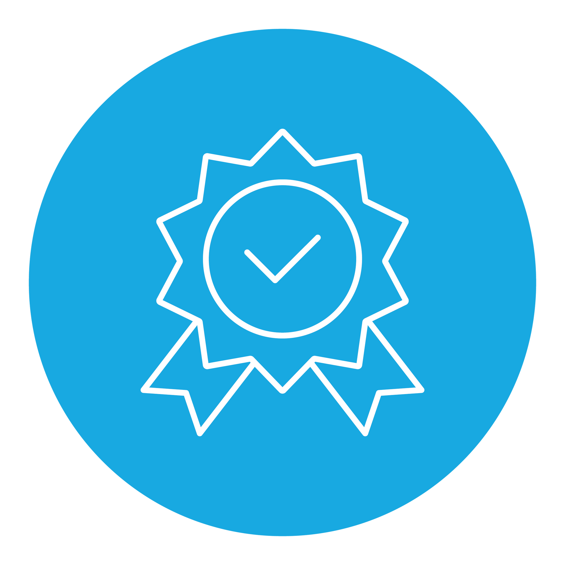 A blue circle with a white ribbon and a check mark in the center.