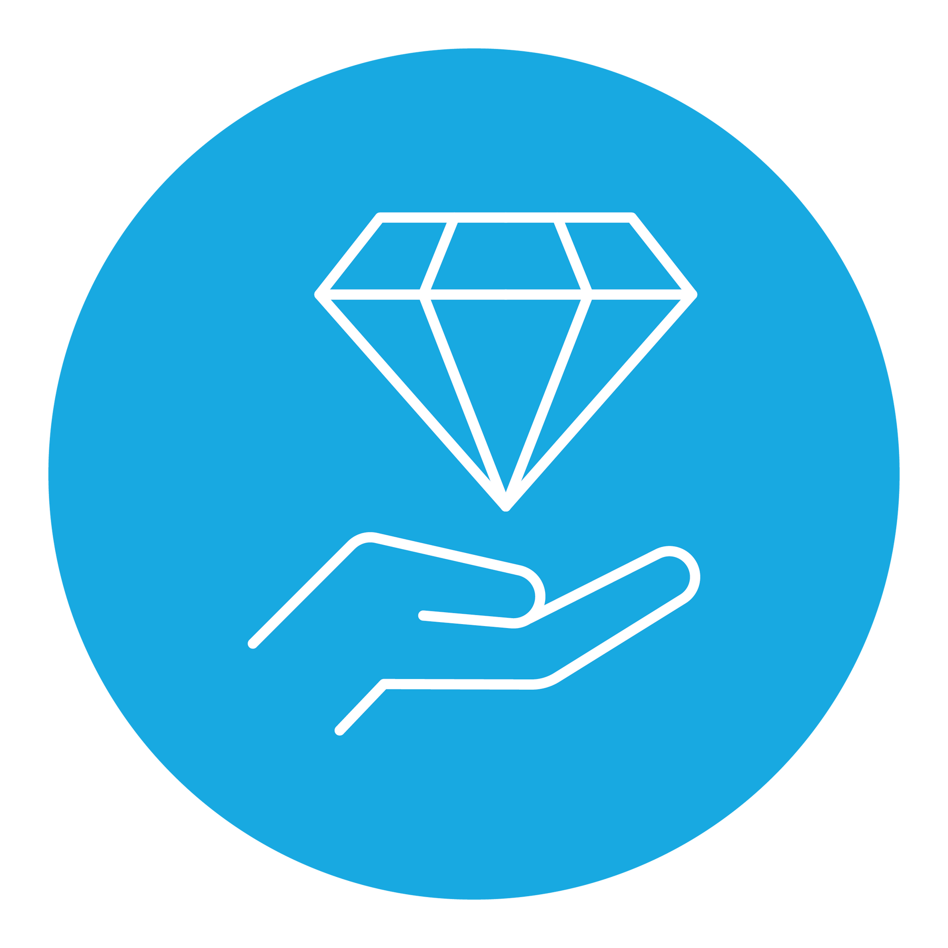 A hand is holding a diamond in a blue circle.