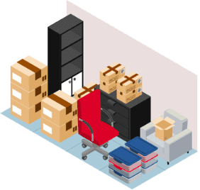 Storage unit filled with stacked boxes, a black cabinet, red chair, small sofa, and other items.