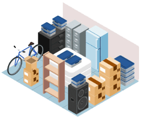 Isometric view of a storage unit packed with boxes, furniture, a bicycle, and an appliance.