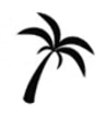 Black silhouette of a palm tree with curved trunk and fronds.