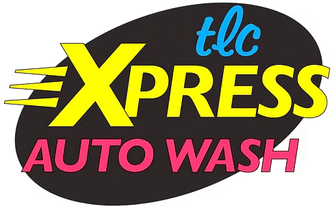 Logo for TLC Xpress Auto Wash: Yellow "XPRESS" on black oval, with pink "AUTO WASH", and blue "tlc."