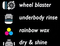 Car wash service icons: wheel blaster, underbody rinse, rainbow wax, and dry & shine.