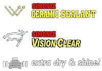 Logos for Simoniz ceramic sealant and vision clear, with car icon and text 