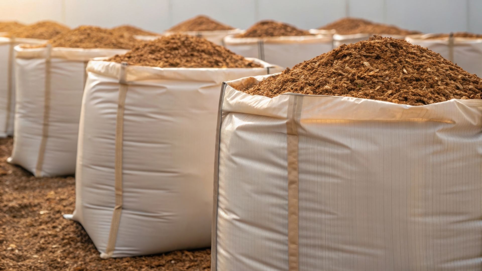 White industrial bags filled with loose bulk soil.