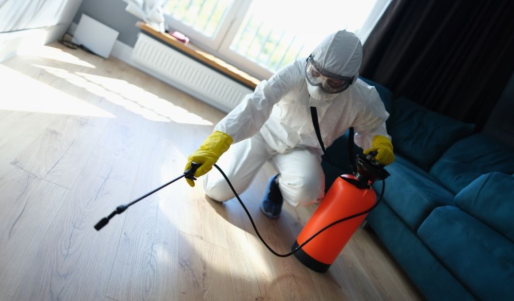 A man in a protective suit is spraying a room with a sprayer.