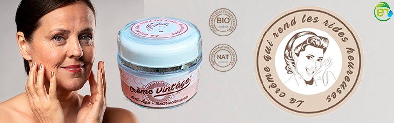 Pour finir votre routine peau mature, le soir, utilisez notre Crème anti-âge restructurante Vint'âge, la CRÈME QUI REND LES RIDES HEUREUSES riche en actifs tenseur qui redonnera de la fermeté à votre peau. Comble les rides, restaure les volumes et combat le dessèchement de la peau, une crème pour l'équilibre des peaux matures. Cosmétique haut de gamme certifié bio 100% naturel.