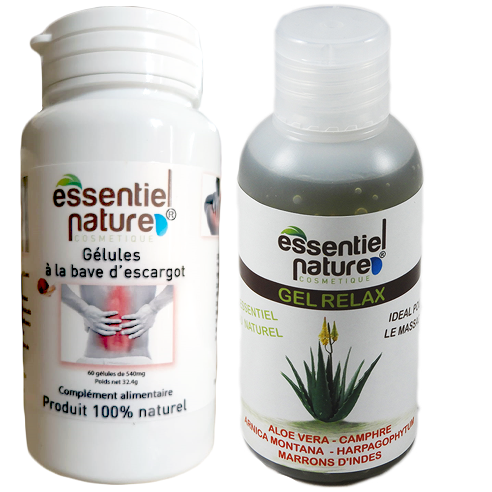 Pack spécial douleurs en ingestion (gélule BAVE D'ESCARGOT) et en application (gel RELAX ALOE VERA) Gélules aux protéines d'escargot (60 gélules par boite) Gel Relax 100 ml