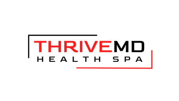 A logo for thrive md health spa with a red and black circle.