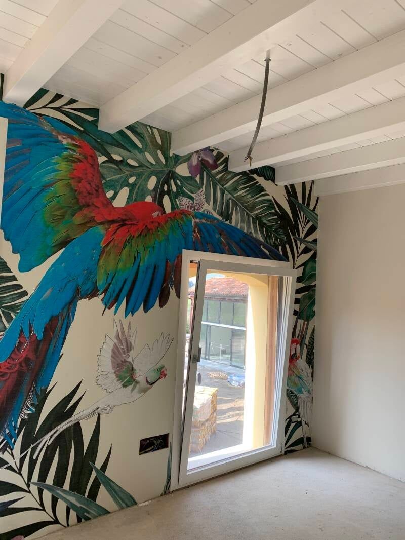 Camera con murale raffigurante un pappagallo, finestra bianca, travi in ​​legno a vista e pareti beige.