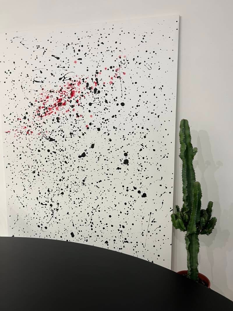 Arte astratta a schizzi con vernice nera e rossa, accanto a un alto cactus verde.