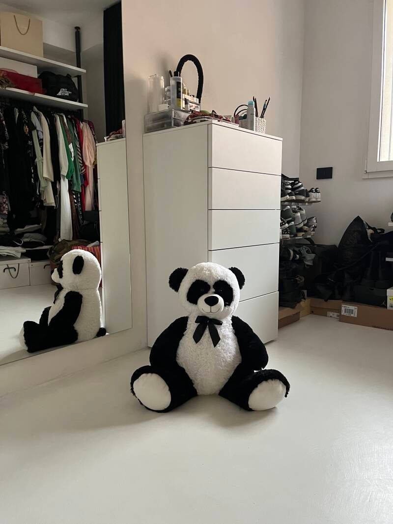 Un panda di peluche in una stanza, bianco e nero, appoggiato sul pavimento accanto a uno specchio che si riflette. Sullo sfondo, un comò bianco.