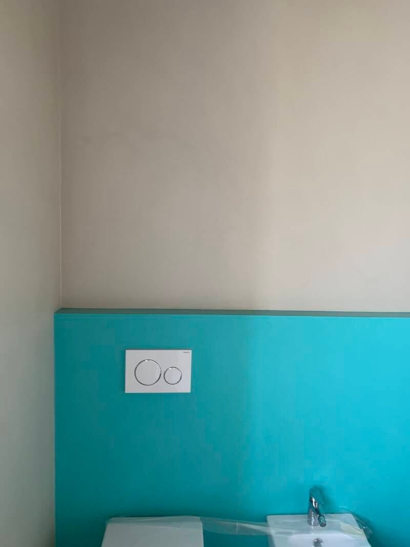 Bagno color verde acqua e bianco, con pulsanti per lo scarico del water e un piccolo lavandino.