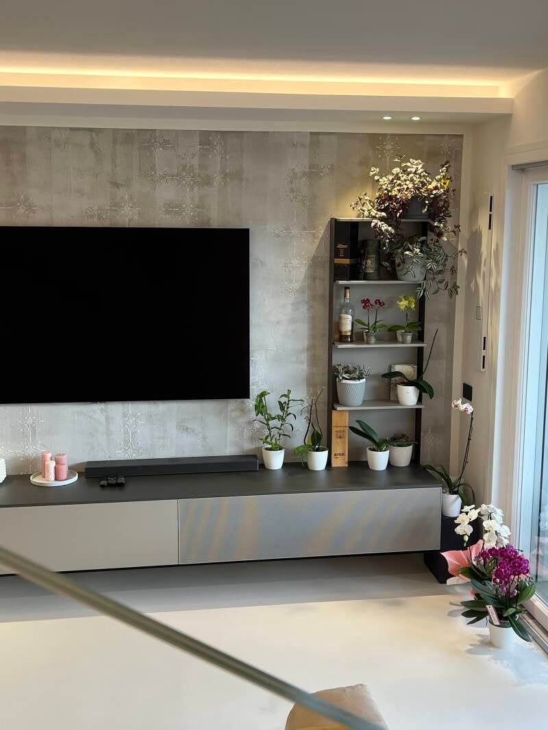 Soggiorno con una grande TV, piante, una mensola e una parete nei toni del grigio.