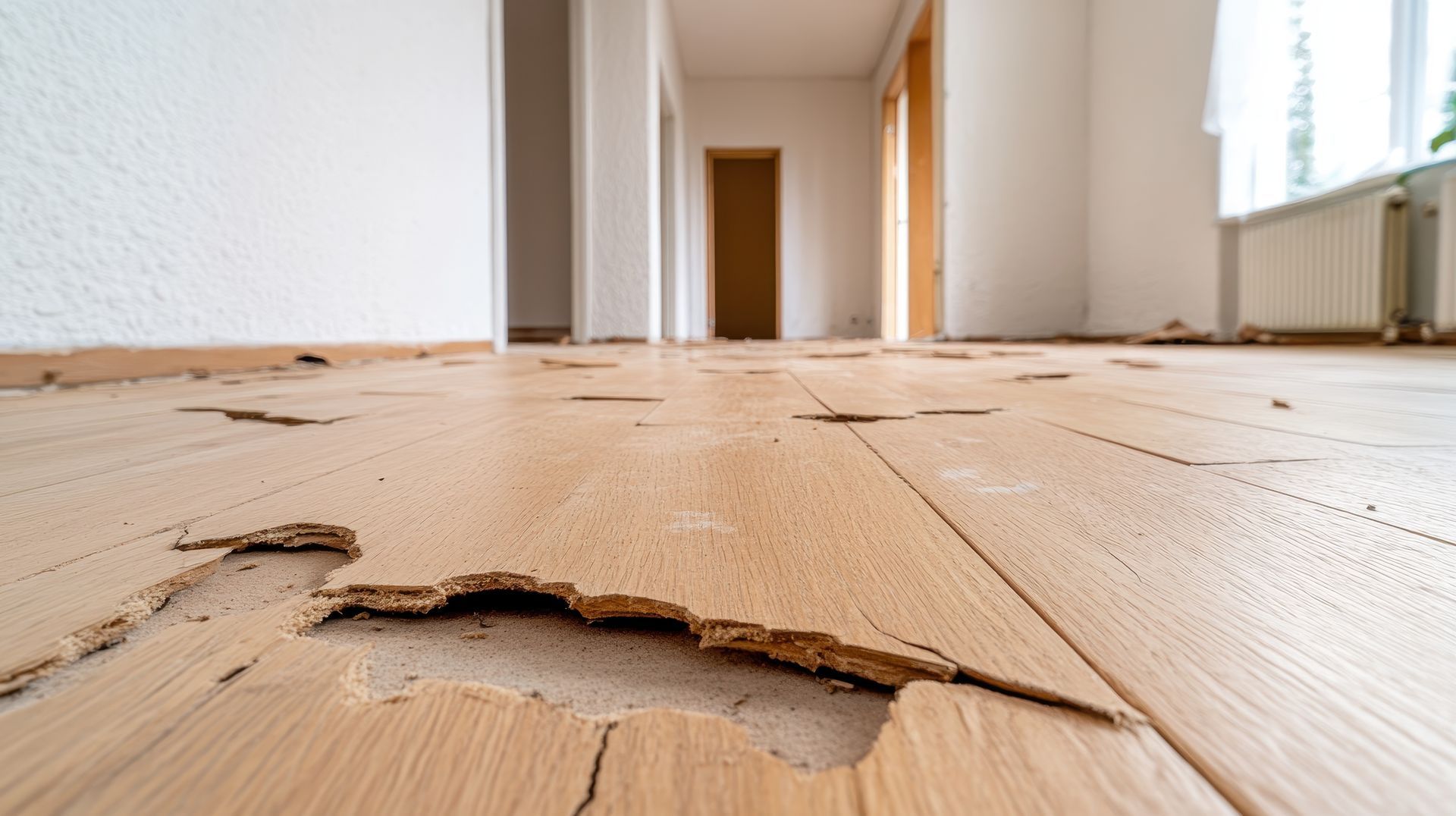 Damaged wooden floorboards in a hallway; the wood is cracked and broken.