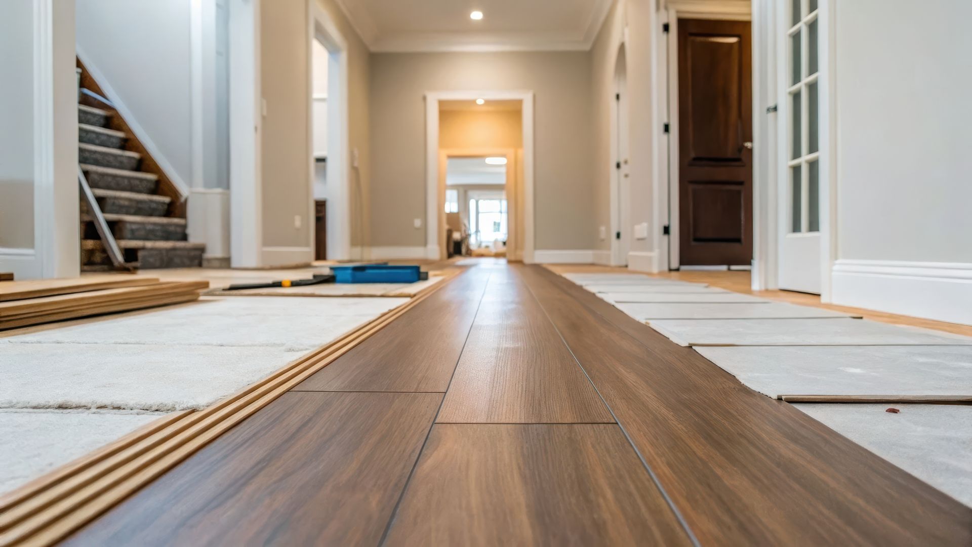 Hallway with new wooden flooring being installed.