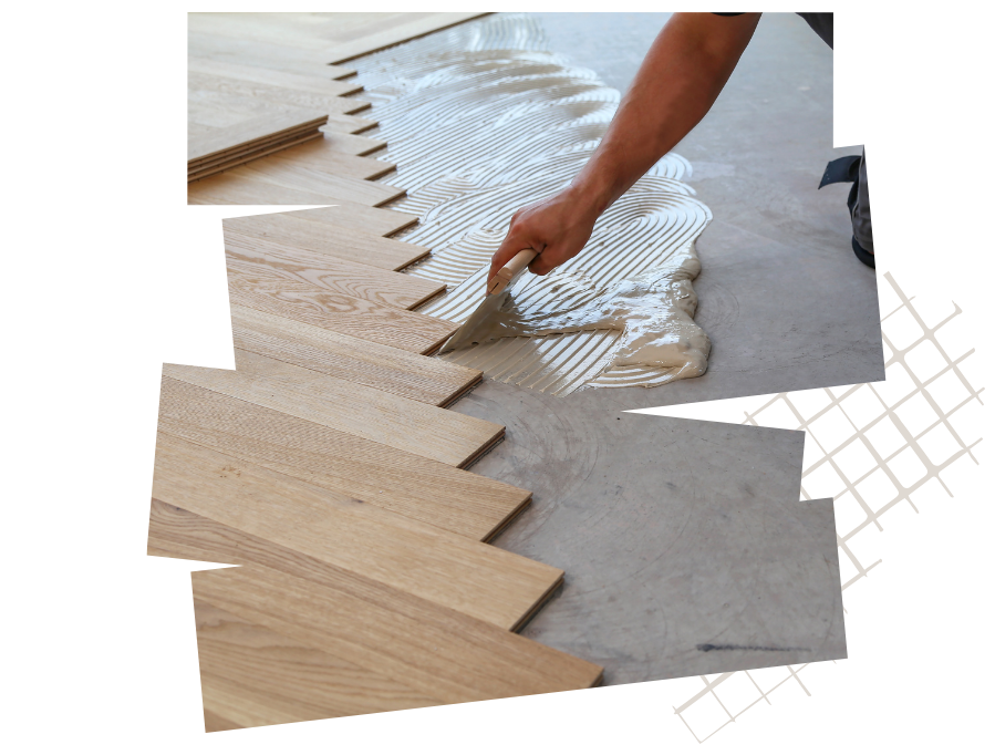 Person applying adhesive to concrete floor for wood flooring installation.