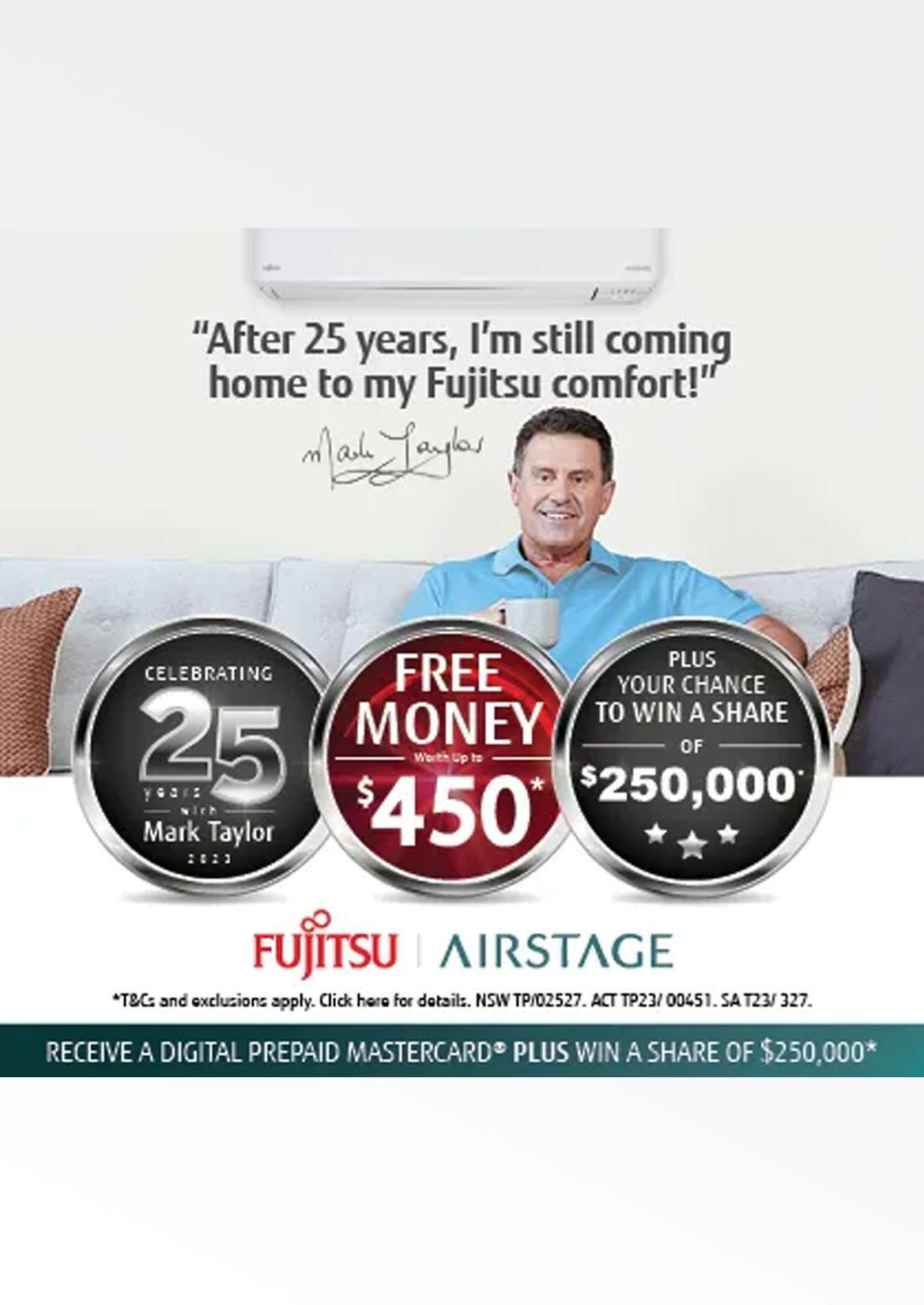 A Man is Sitting on a Couch in Front of a Fujitsu Air Conditioner — Atmosphere Air Conditioning & Refrigeration In Taylors Beach, NSW