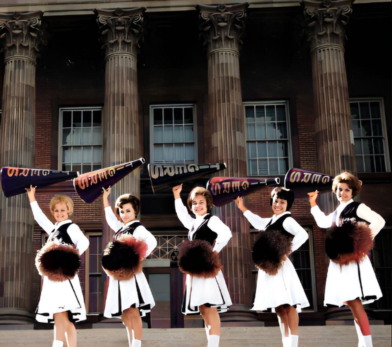 A group of cheerleaders holding pom poms with the letter e on their shirts