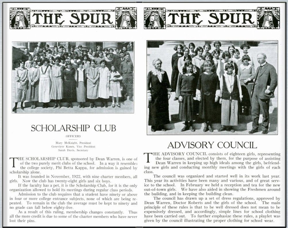 Page from "The Spur" featuring photos of the Scholarship Club and Advisory Council, and related text.