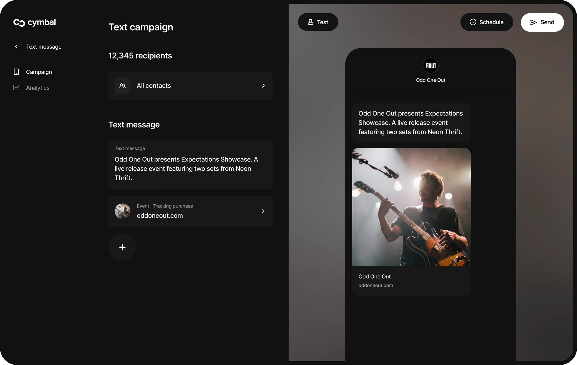 Cymbal SMS campaign creation dashboard.